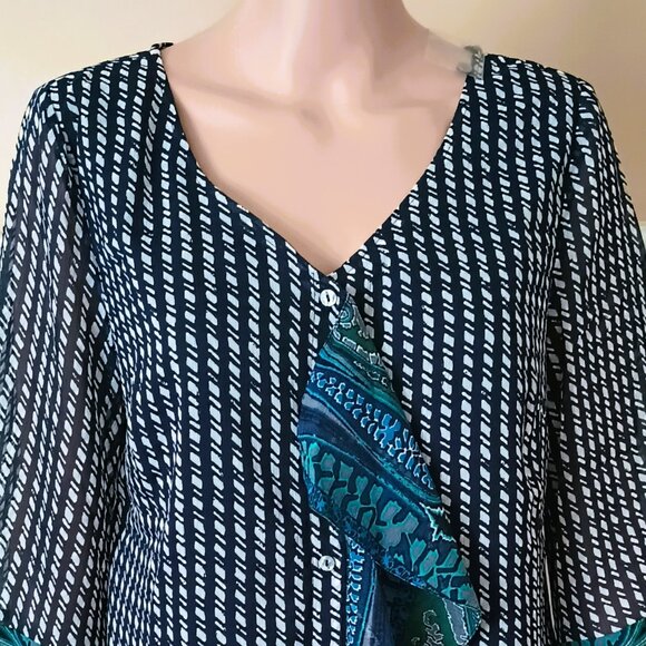 Share Isaac Mizrahi Paisley Ruffle Top S Black & Blue Button Up Sheer Lined Blou - Picture 5 of 10